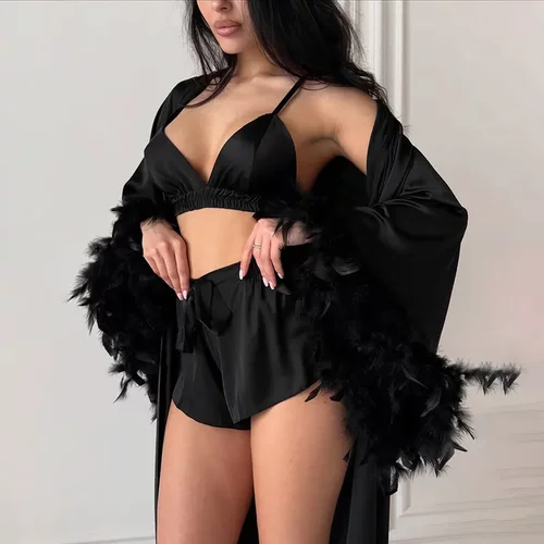 OZON缎面色丁秋冬睡衣女款高级感长袖睡袍内衣短裤三件套家居服女