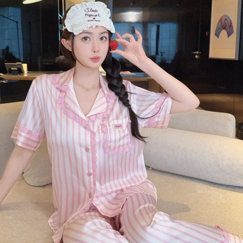 睡衣女短袖长裤夏季冰丝甜美减龄韩版条纹家居服女套装可外穿爆款
