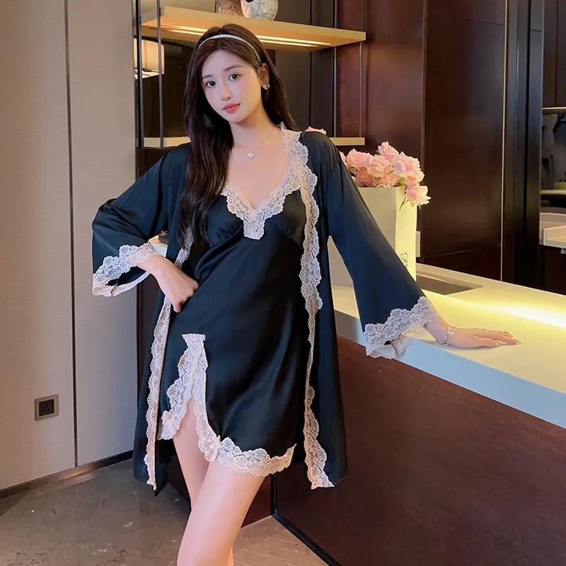 性感睡衣女春秋夏冰丝短睡裙丝绸薄款睡袍蕾丝吊带浴袍黑色两件套
