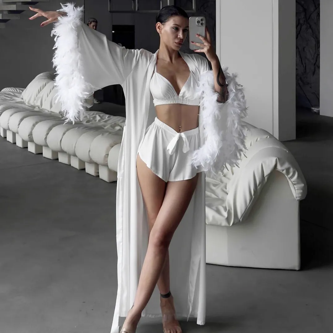 秋冬新款羽毛睡袍睡衣三件套女