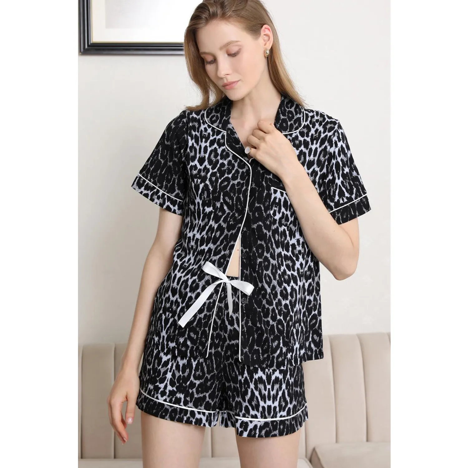 外贸欧美睡衣女夏季薄款豹纹短袖衬衫短裤家居服两件套跨境亚马逊