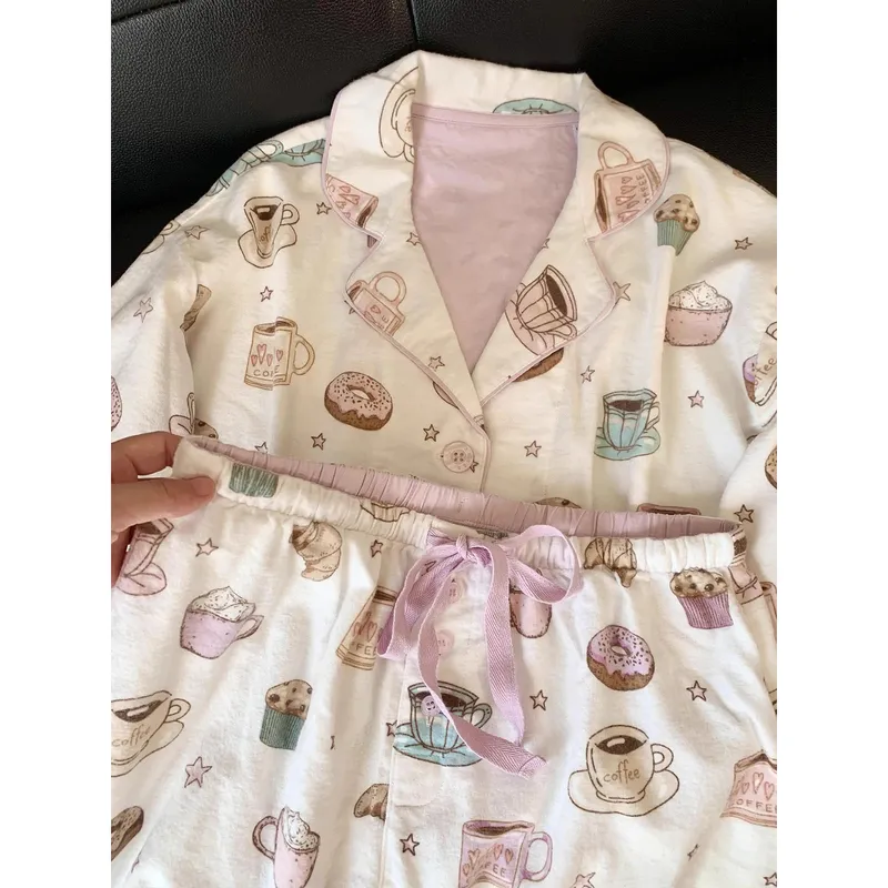韩系印花春秋女开衫长裤睡衣套装