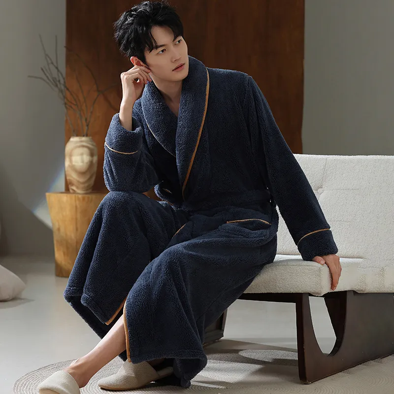 秋冬季长款睡袍男款珊瑚绒保暖浴袍深色男士长款大码法兰绒家居服