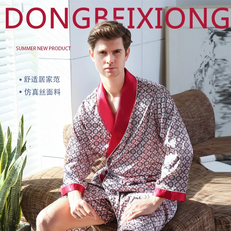 男士夏季丝绸浴衣短裤睡袍男夏套装薄款冰丝睡衣加大码浴袍