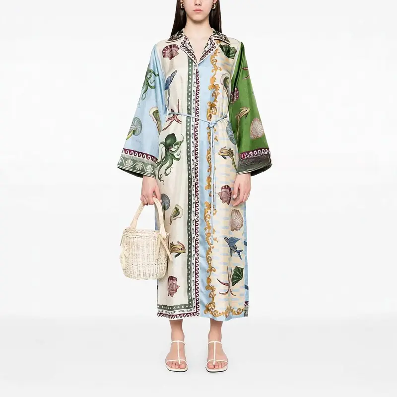 欧美 速卖通亚马逊独立站气质休闲亚麻开衫西服领长连衣裙