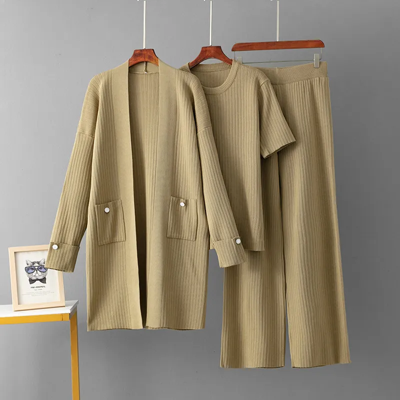 跨境外贸针织套装女秋冬中长款开衫外套+短袖上衣+阔腿裤三件套潮