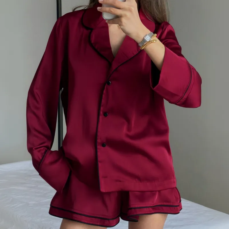 秋季缎面长袖短裤睡衣三件套女
