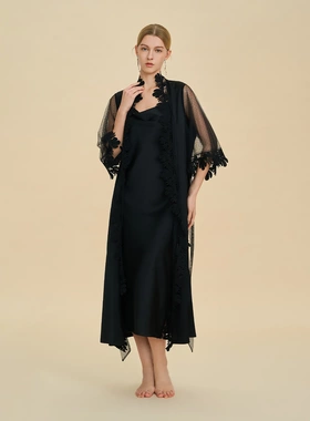 欧美跨境新款缎面雪纺纯色花边长袍长吊裙套装法式轻奢4054+4056