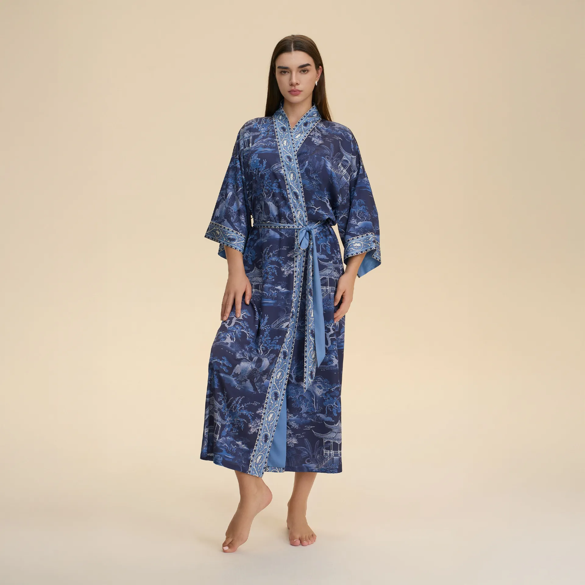 耀婷欧美跨境缎面长袖睡衣女士长款宽松舒适睡袍印花家居服WP3982