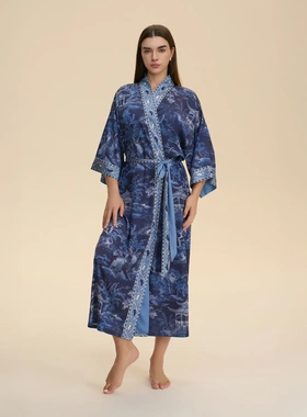 耀婷欧美跨境缎面长袖睡衣女士长款宽松舒适睡袍印花家居服WP3982