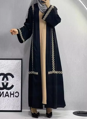 F318跨境外贸电商阿拉伯中东迪拜时尚优雅绣花订珠开衫长袍