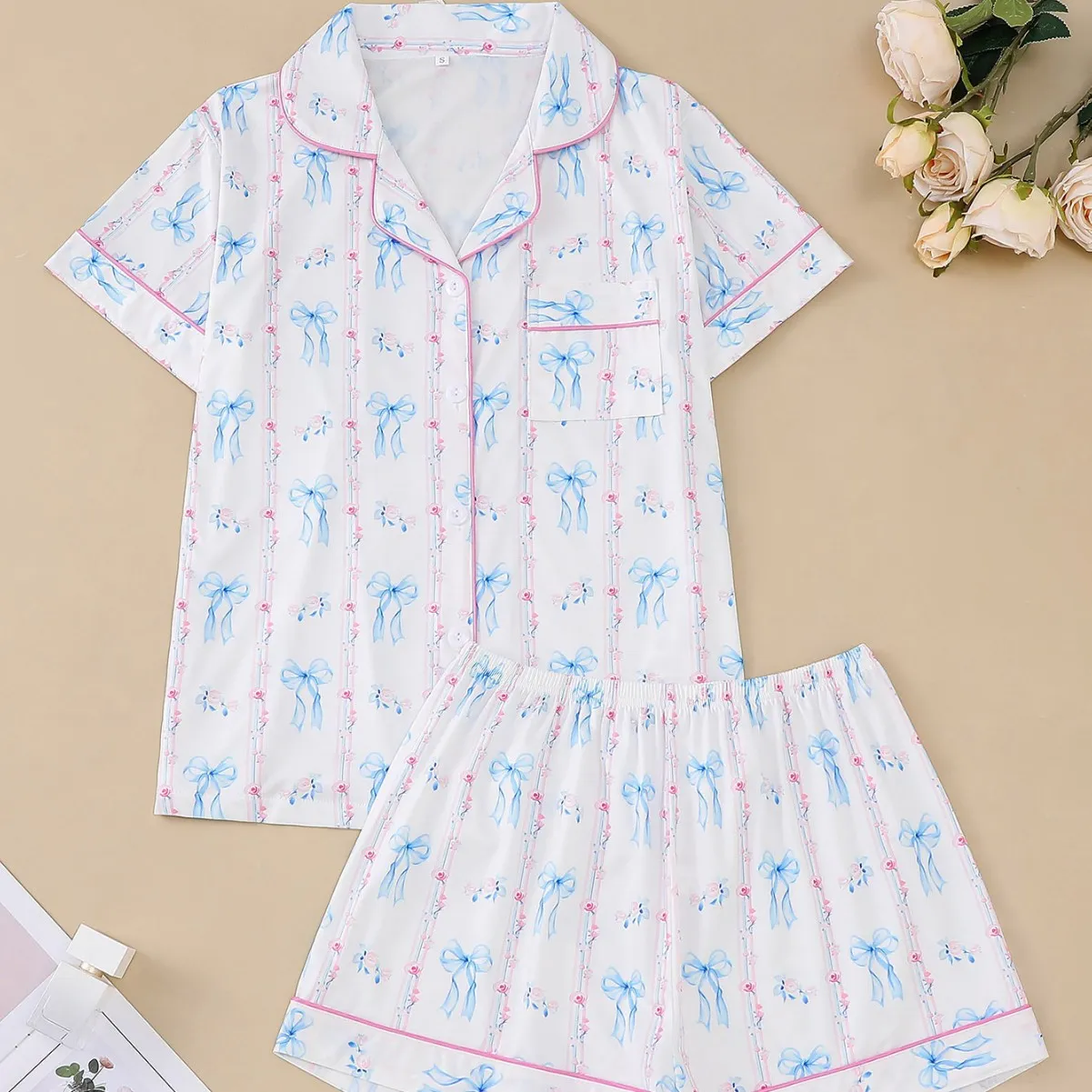 跨境外贸新款女士睡衣印花翻领短袖短裤欧美家居服women pajama