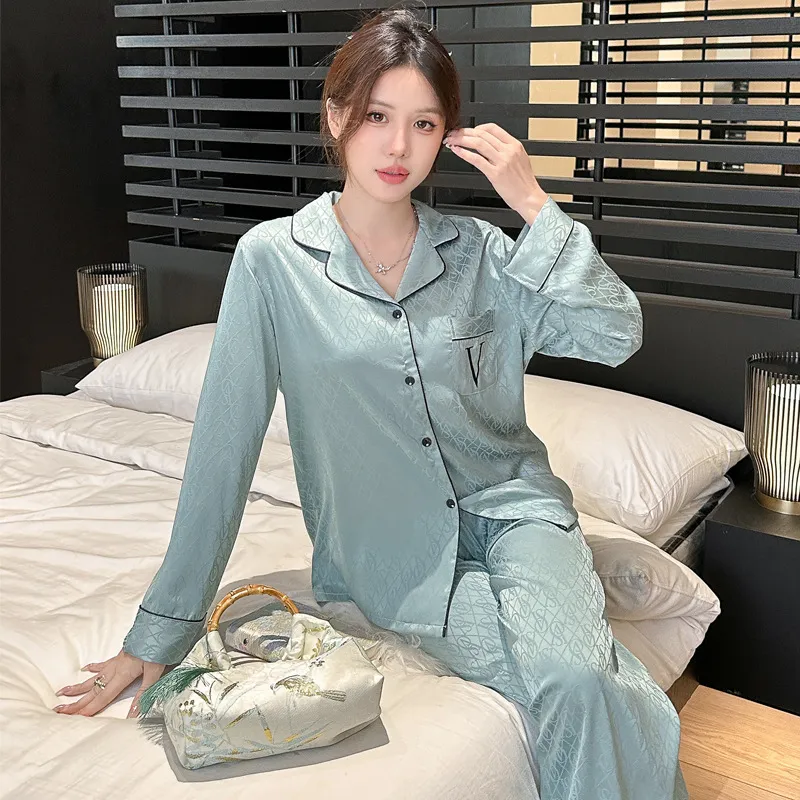 春秋季新品欧美维家闺密女士冰丝薄款睡衣长袖套装水光绸家居服