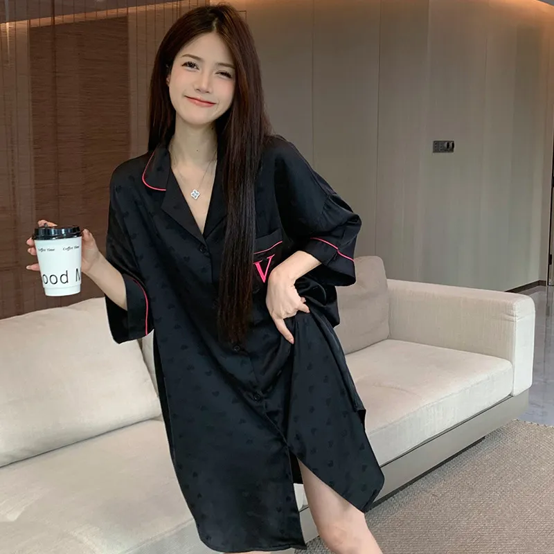 韩系简约风衬衫裙睡衣女丝绸长袖ins风春夏季家居服套装