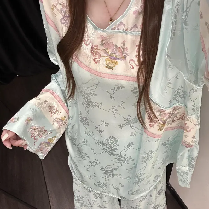 新中式青蓝色国风睡衣女士夏季高级感提花宽松大码冰丝家居服套装
