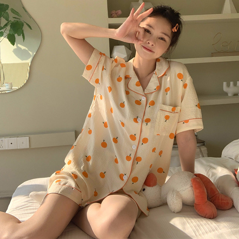 外贸夏季日系泡泡棉可爱橘子睡衣女开衫甜美可爱家居服