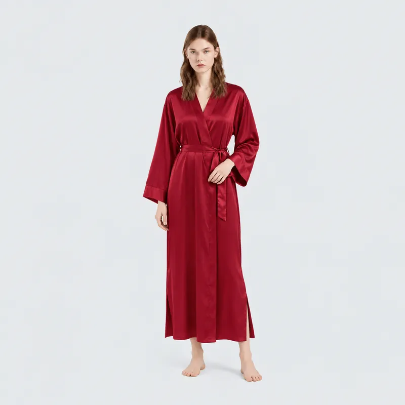 欧美风冰丝绸长款睡袍女士V领系带纯色浴袍简约家居服晨袍WP4283