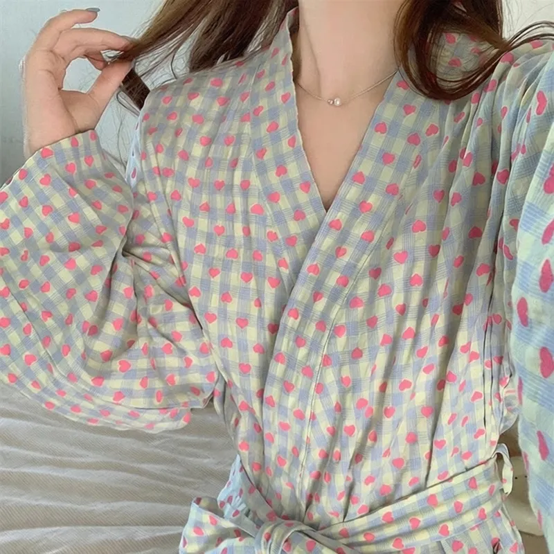 日系甜美睡衣浴袍春秋新款爱心格子气质宽松舒适休闲中长款家居服