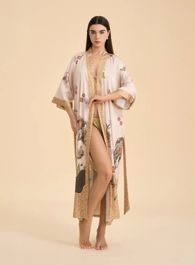 欧美跨境长袖缎面睡衣女士长款宽松舒适和服睡袍印花家居服WP3982