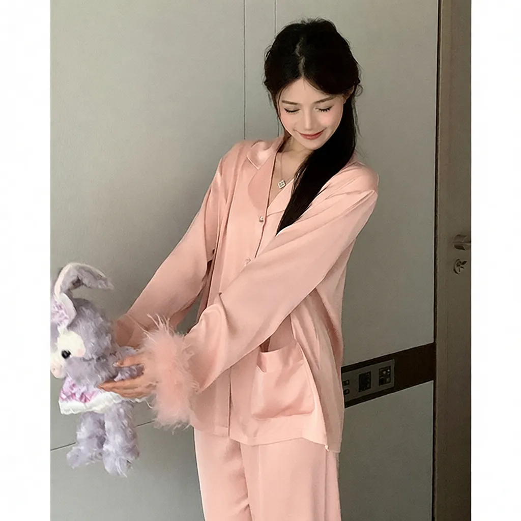 外贸羽毛拼接可拆卸韩系睡衣女春夏季冰丝长袖套装可外穿家居服