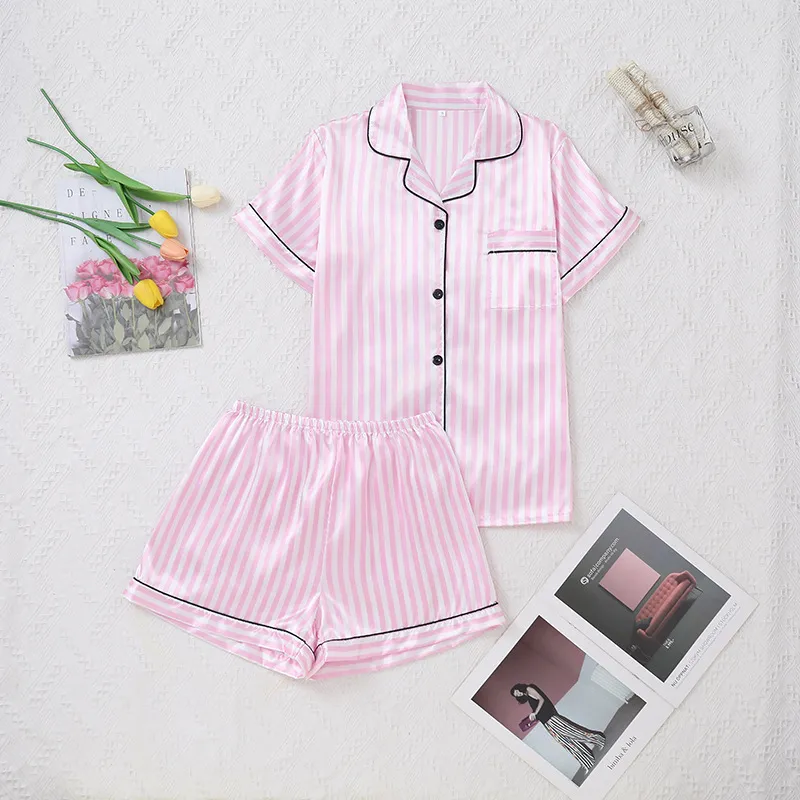 新欧美俄罗斯跨境外贸pajamas 缎面女睡衣套装家居服夏季短袖短裤