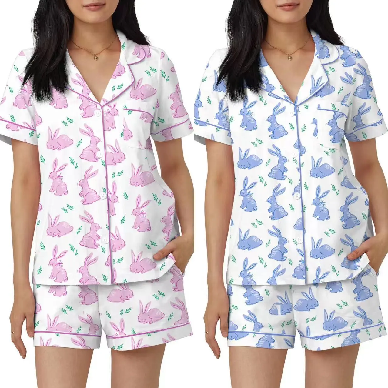 欧美夏季薄款印花舒适短袖短裤睡衣套装跨境外贸大码居家服女装