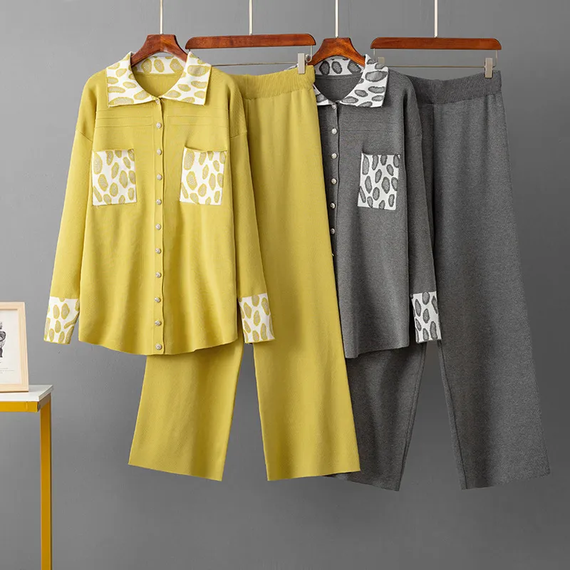 时尚休闲套装潮品秋冬新POLO领提花宽松毛衣+显瘦阔腿裤两件套女