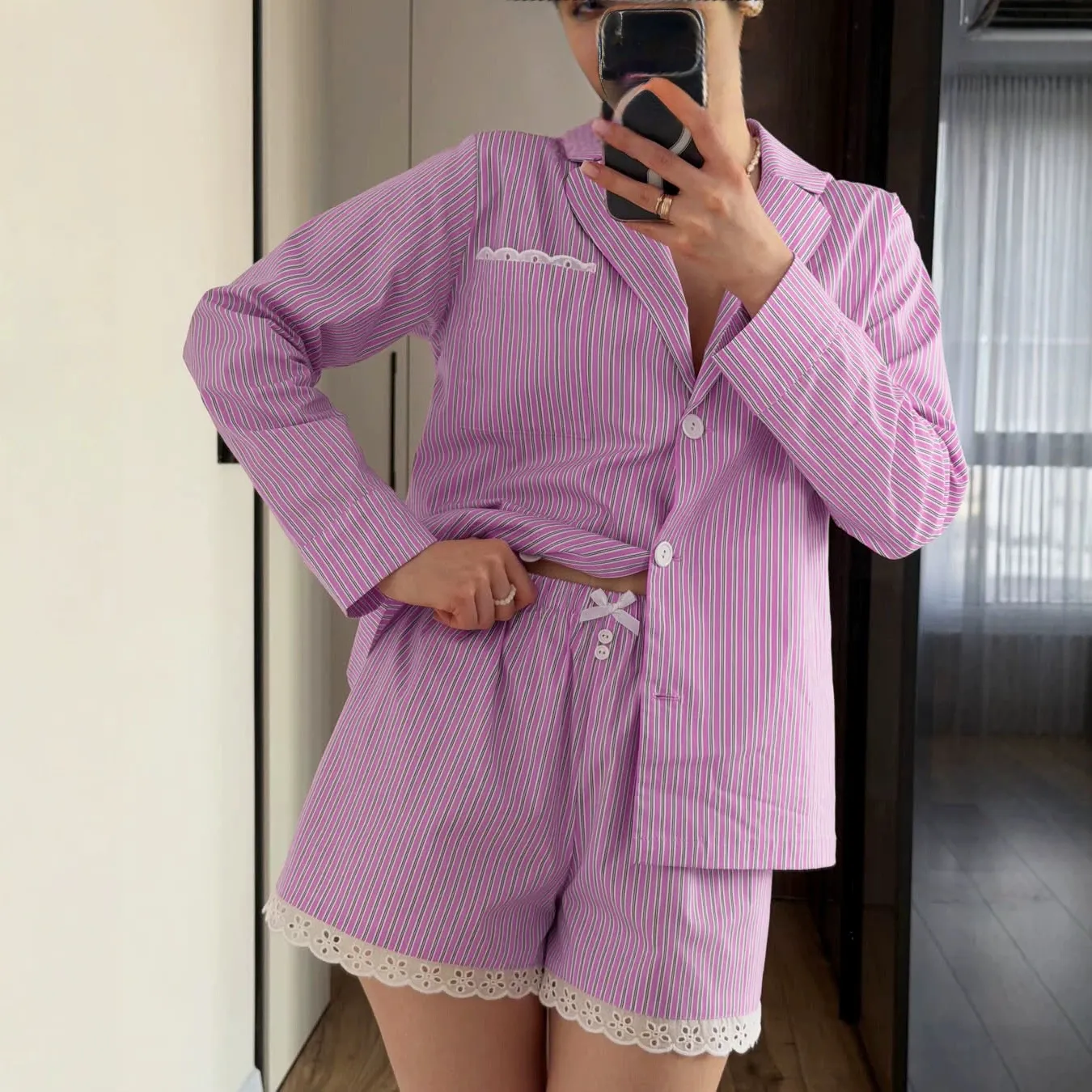 条纹长袖花边短裤可外穿家居服