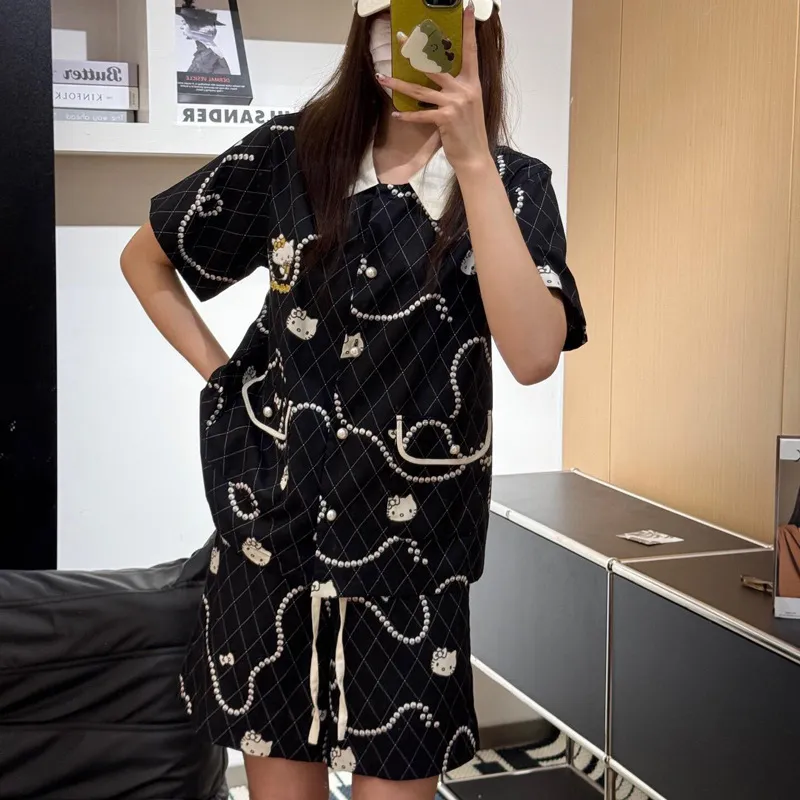 夏季Hello Kitty天丝棉睡衣女小香风黑金珍珠短袖短裤居家服套装