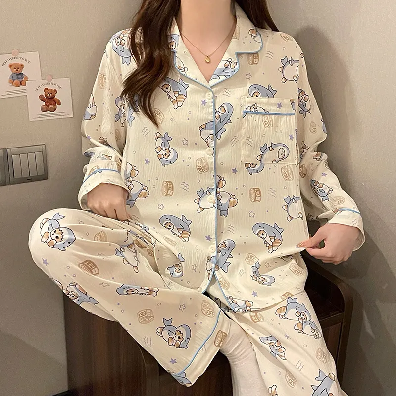 可爱鲨鱼睡衣女春秋款长袖长裤云朵棉套装网红卡通甜美外穿家居服,女士内衣/男士内衣/家居服,睡袍/浴袍,淘宝优惠券,粉丝福利购,淘宝优惠卷