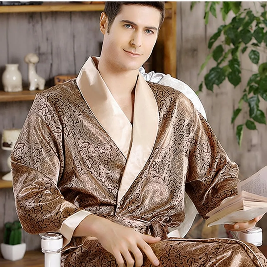 男士居家丝绸睡袍 夏季薄款仿真丝长袖睡衣男式加大码外贸浴袍