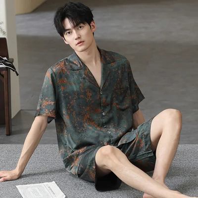 睡衣男夏季2025年新款冰丝短袖短裤男士夏天薄款可外穿家居服套装