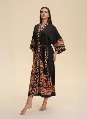 耀婷欧美跨境长袖长款宽松舒适和服睡袍睡衣女士印花家居服WP3982