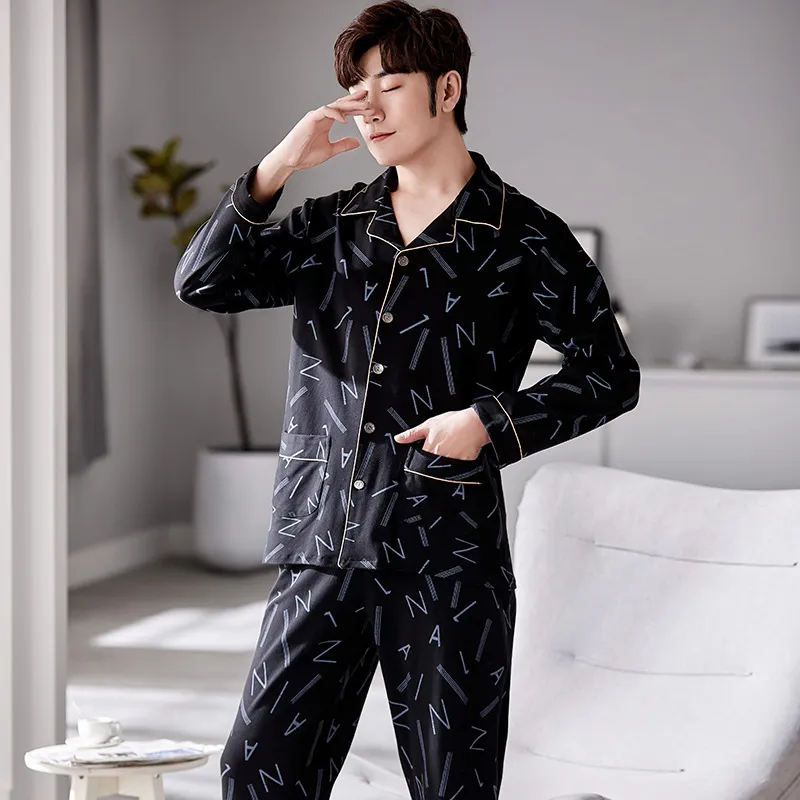 大码男士睡衣秋季单面加厚185克开衫翻领长袖长裤格子男款家居服