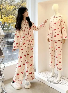 春秋睡衣女可爱蝴蝶结kitt天丝棉宽松莱赛尔长袖长裤女士家居服