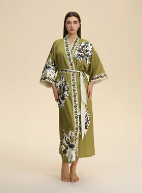 耀婷欧美跨境长袖长款睡衣宽松舒适和服睡袍女士印花家居服WP3982