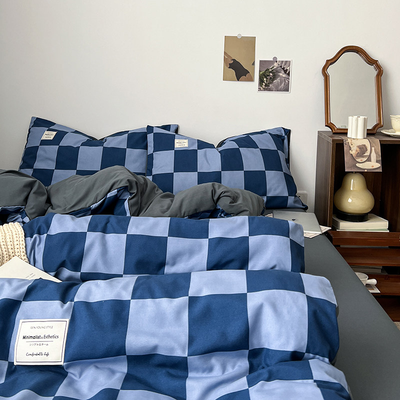 ins格子水洗棉四件套1.8床上用品被套床单床笠被罩学生宿舍三件套