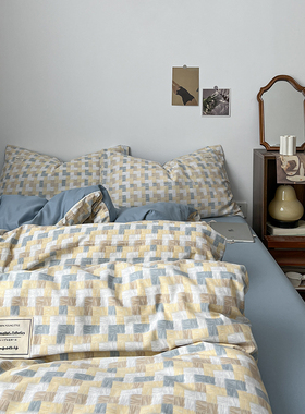 ins格子水洗棉四件套1.8床上用品被套床单床笠被罩学生宿舍三件套