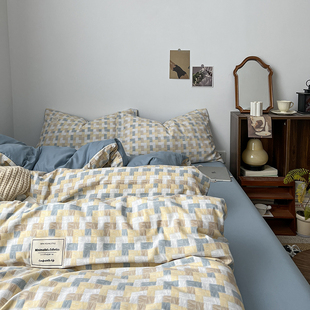 ins格子水洗棉四件套1.8床上用品被套床单床笠被罩学生宿舍三件套