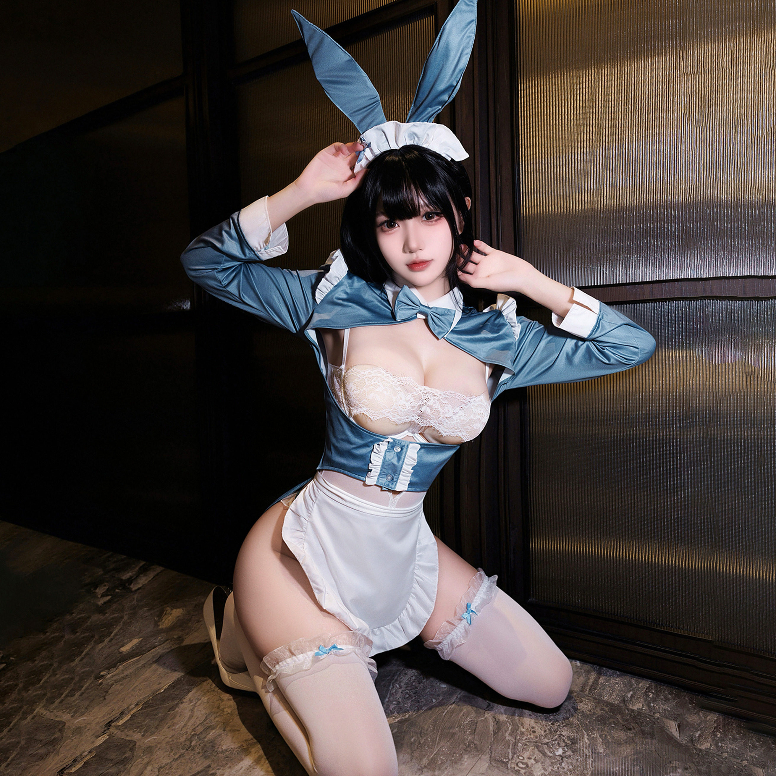 性感纯欲兔女郎cos套装三点式蕾丝蝴蝶结显瘦紧身衣角色扮演服装