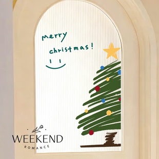 圣诞树卫生间玻璃门贴纸防撞房间圣诞窗花静电贴高级橱窗镜子装饰