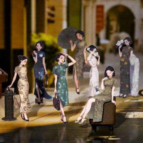 旗韵贴纸包国风旗袍人物手帐贴画