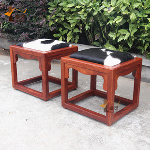 刺猬紫檀新中式方凳红木家具简约实木花梨木奶牛皮家用茶凳可定制