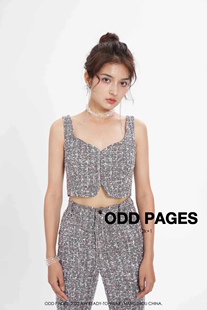清仓!ODD PAGES 粗花呢后背交叉绑带短款修身背心抹胸上衣