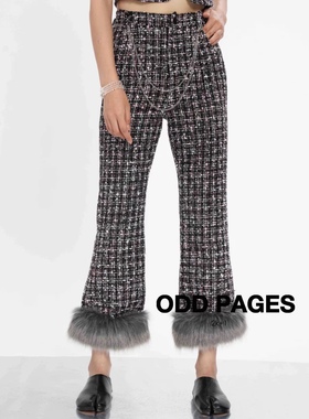 ODD PAGES 可拆卸毛边小香风粗花呢高腰喇叭裤长裤黑色灰色女