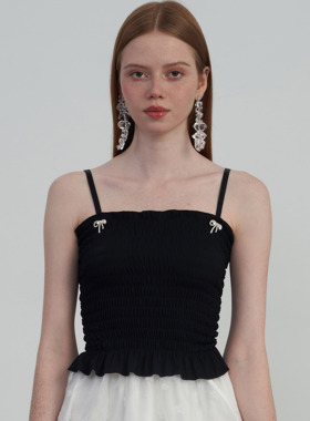 ODD PAGES 春夏黑色白色弹力抹胸甜美蝴蝶结别针设计感打底上衣