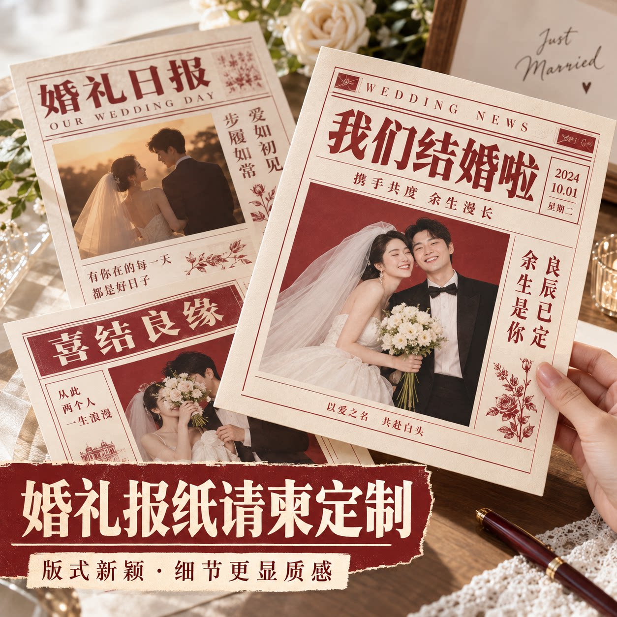婚礼报纸喜帖定制结婚请柬请帖创意复古邀请函婚庆照片定做logoIP