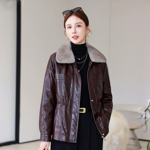 真皮皮衣羽绒服女中长款水貂毛领绵羊皮夹克抽绳宽松外套2025新款