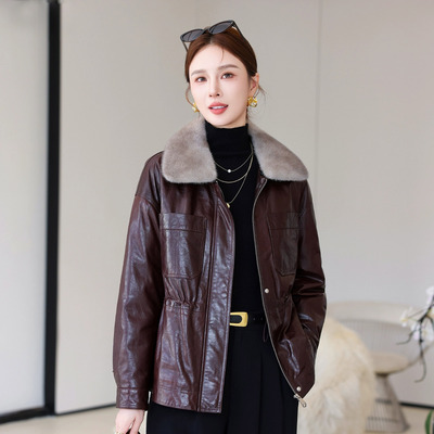 真皮皮衣羽绒服女中长款水貂毛领绵羊皮夹克抽绳宽松外套2025新款
