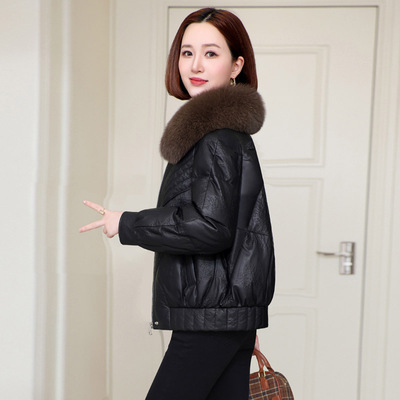 100%真狐狸毛领真皮羽绒服女短款宽松显瘦小个子绵羊皮皮衣外套冬